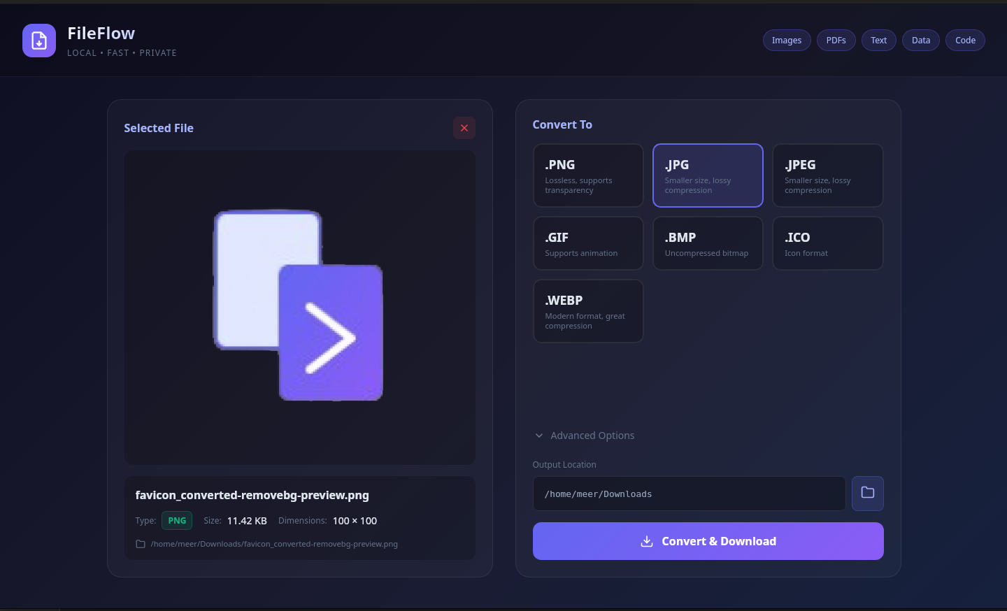 FileFlow app interface showing video conversion formats like MP4, MKV, and WEBM